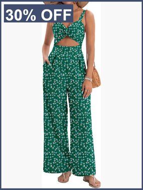 Women's Dressy V Neck Twist Wide Leg Jumpsuit Sleeveless Casual Romper